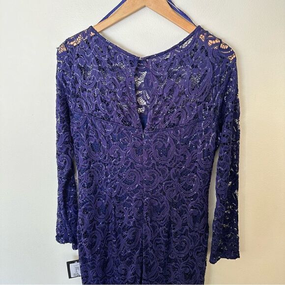 Marina Long Sleeve Illusion Neckline Sequined Lace Dress in Cobalt Blue - Picture 8 of 14